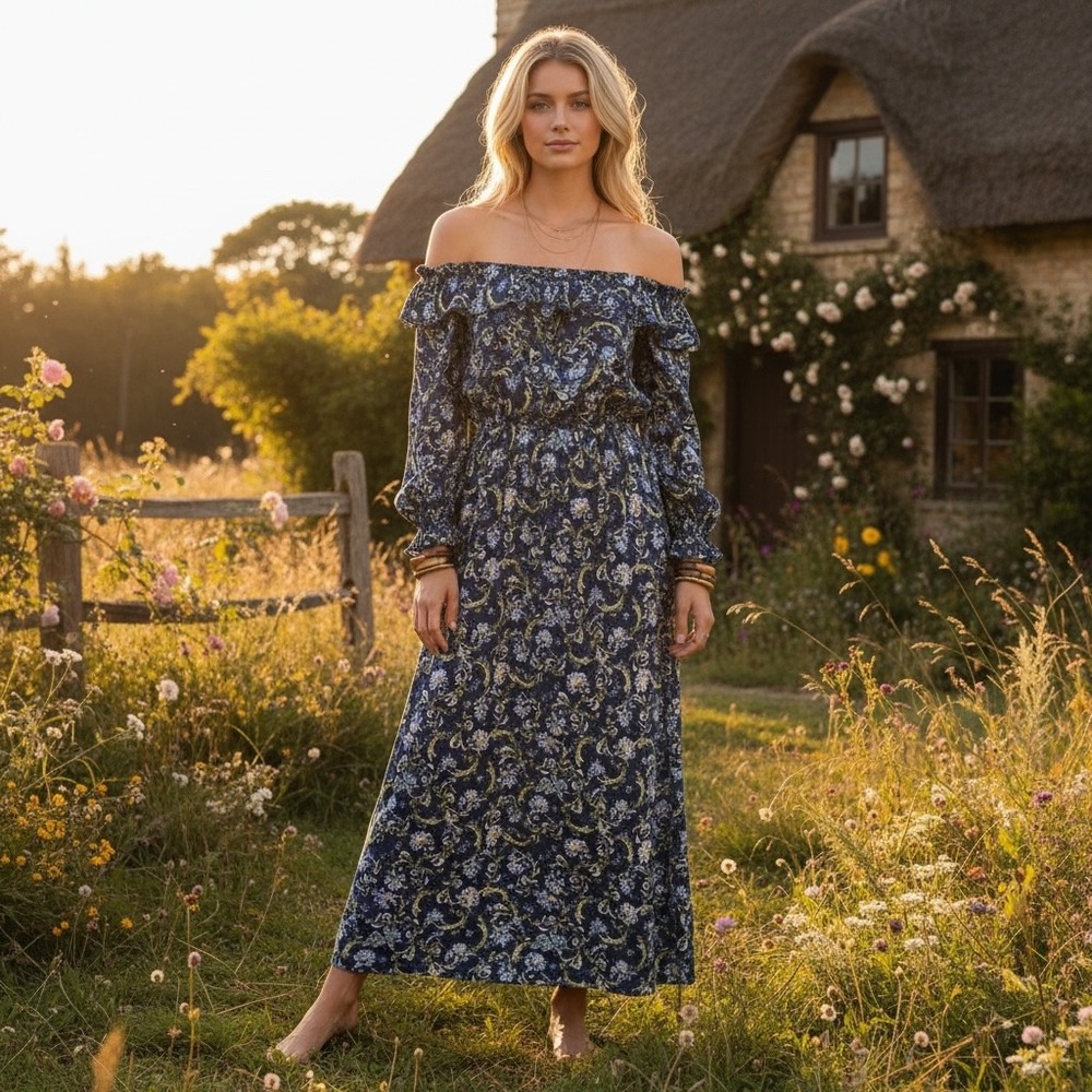 Live To Be Spoiled Blue Floral Off-the-Shoulder Maxi Dress Cottagecore Boho XL‎